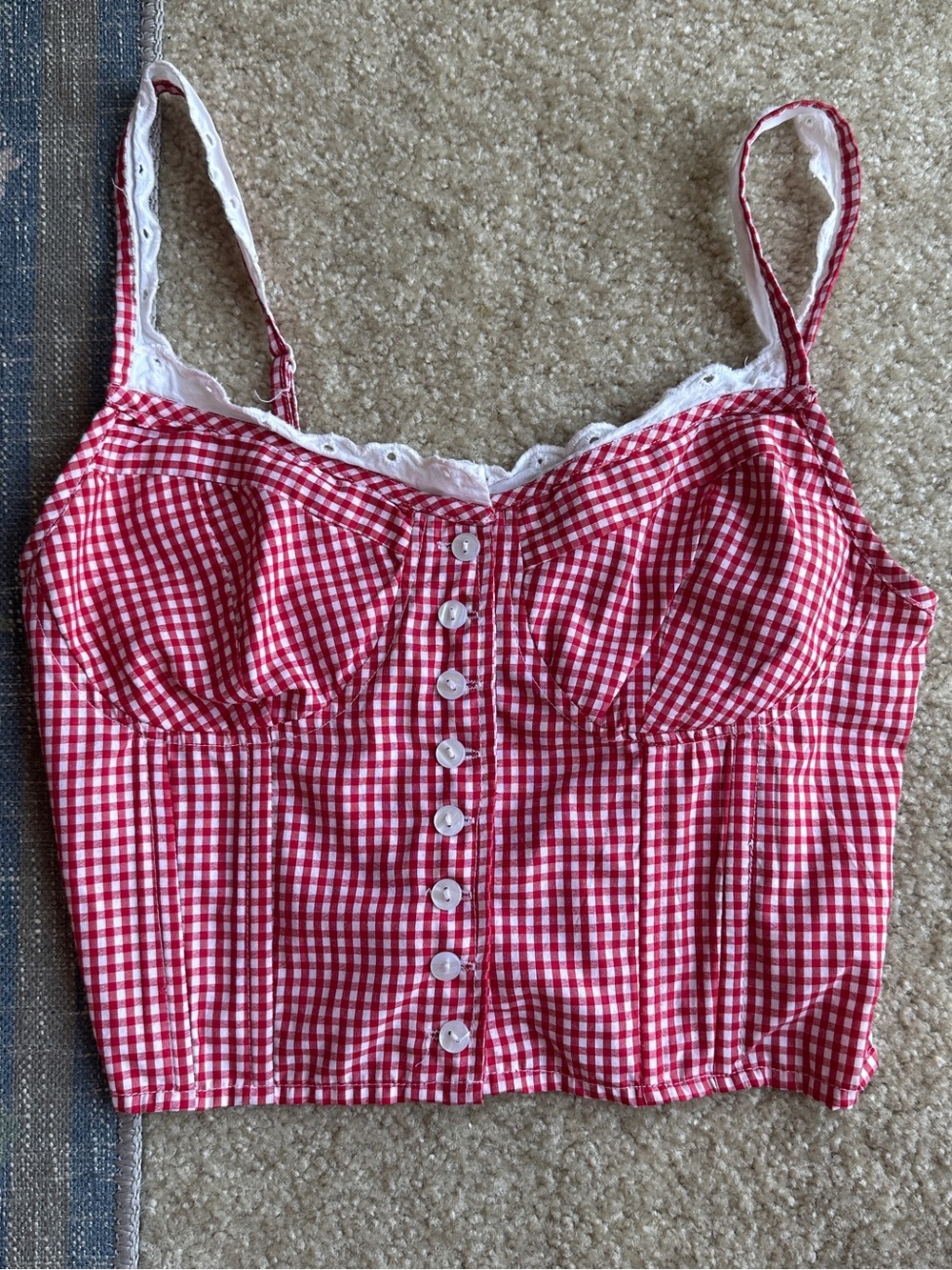 Red Gingham Button-Front Corset Crop Tank Top